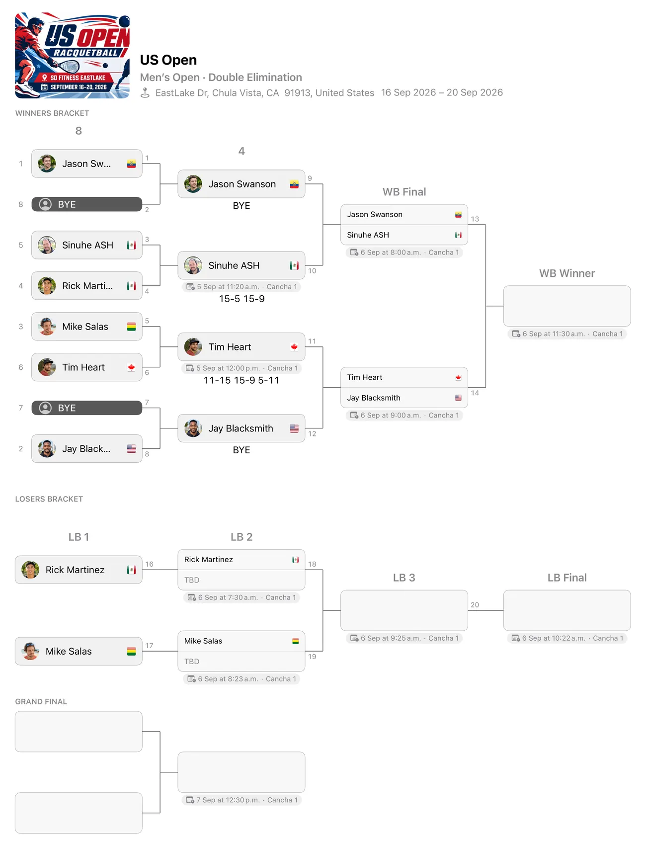 A double-elimination draw in the Organizer app, showing the winners bracket, the losers bracket beneath it and the grand final.