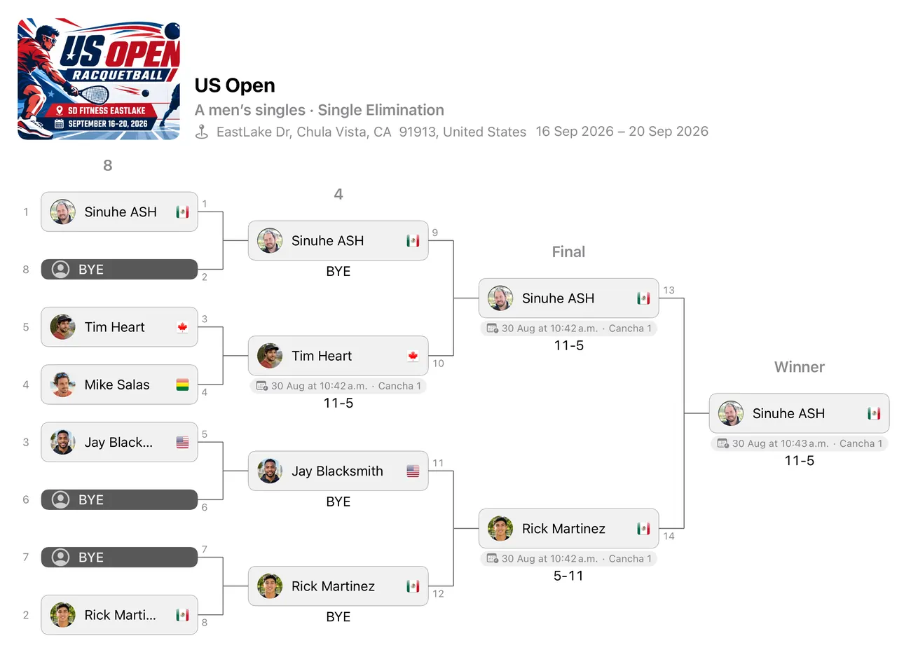 An eight-player single-elimination draw in the Organizer app, byes in the first round and the champion carried out to the right.