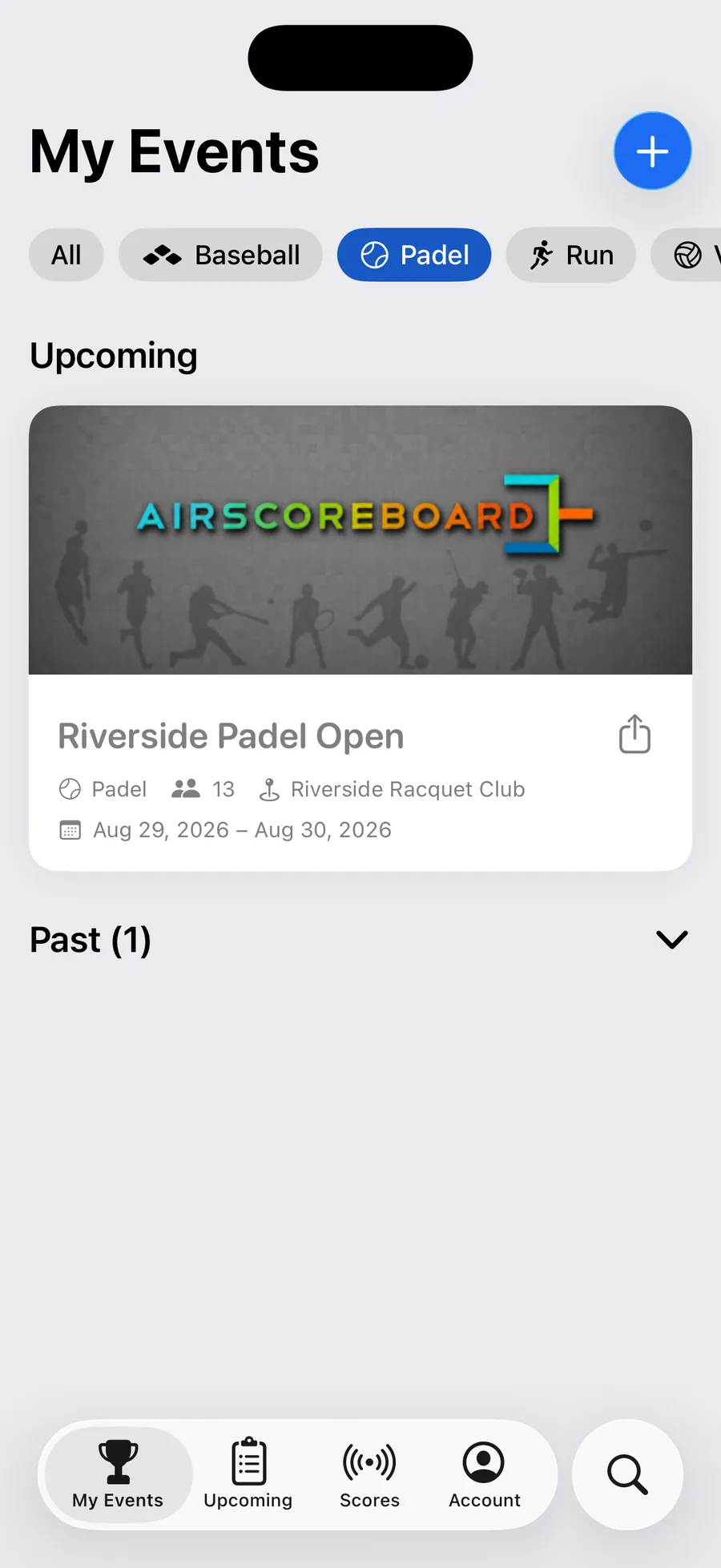 The Organizer app's event list, showing a padel event with its sport, entry count, venue and dates.