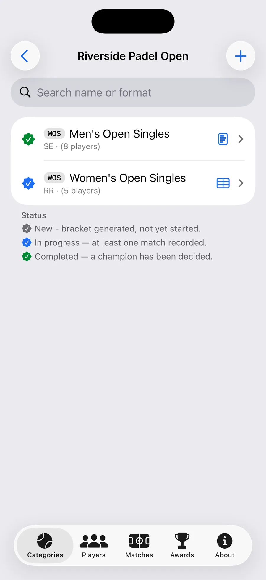 The Organizer app showing an event's two categories — a men's singles draw marked complete and a women's round robin still in progress.