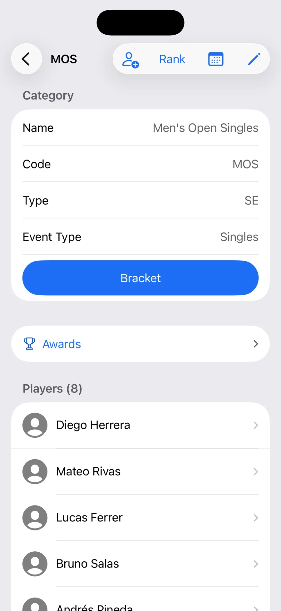 A category screen in the Organizer app listing its eight entered players.
