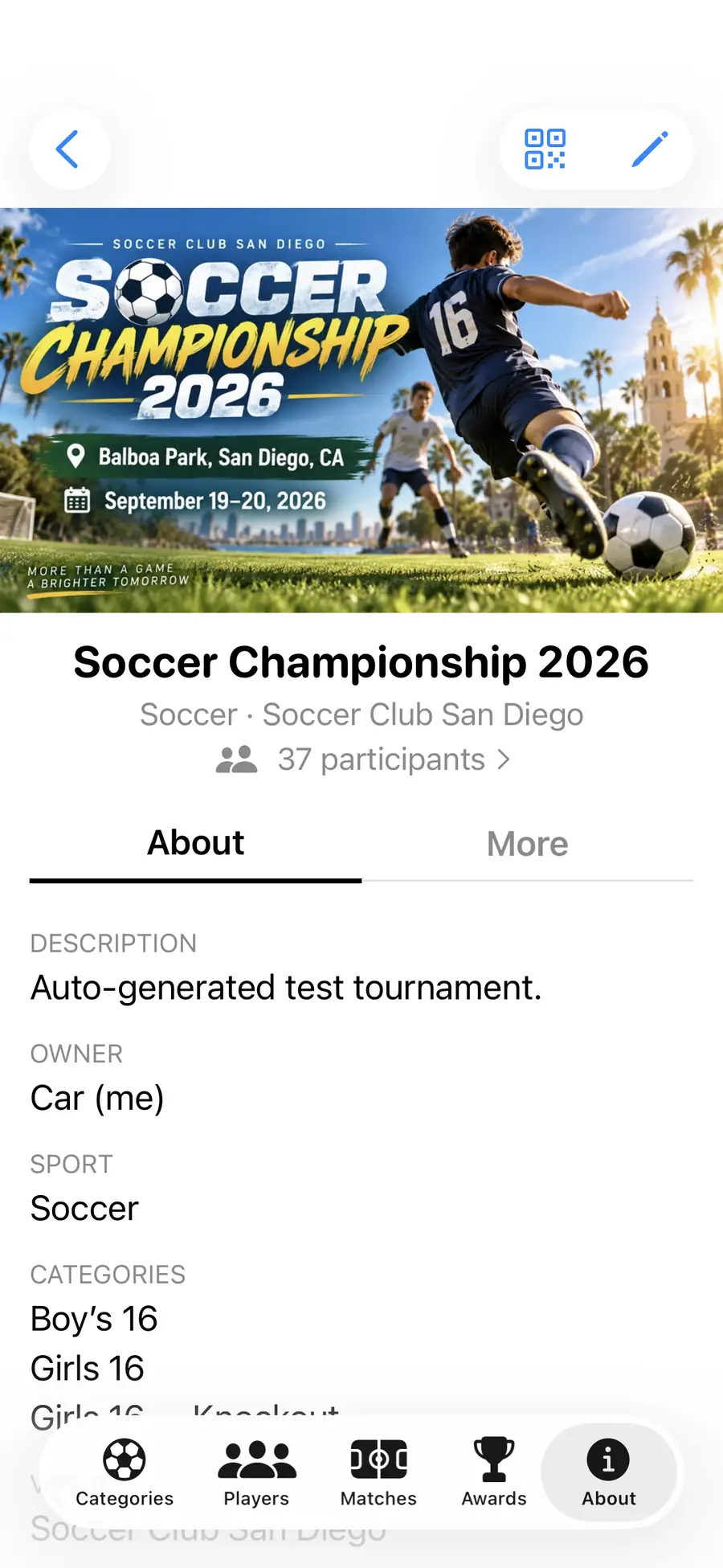 An event's About screen in the Organizer app — cover image, sport, owner, participant count and its list of categories.