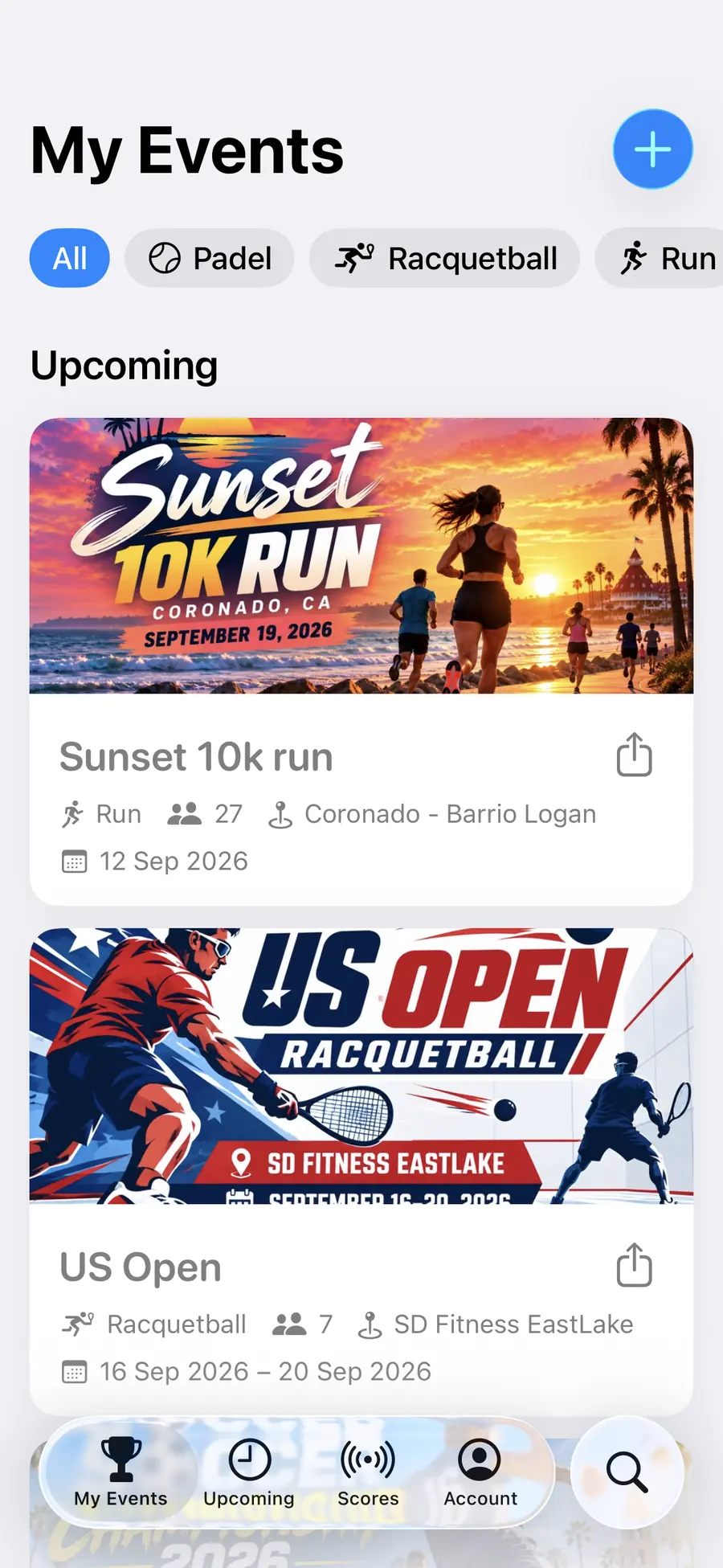 The Organizer app's event list, showing an upcoming 10K run and a five-day racquetball open, each with its cover image, sport, entry count and dates.