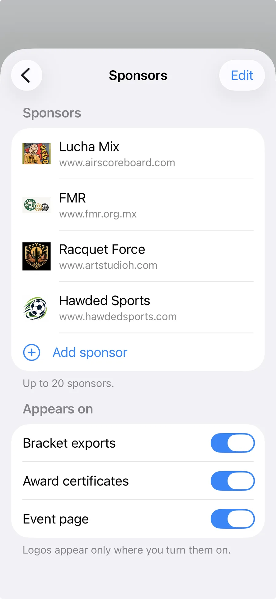 The sponsors screen in the Organizer app, listing four sponsor logos with switches for where they appear: bracket exports, award certificates and the event page.