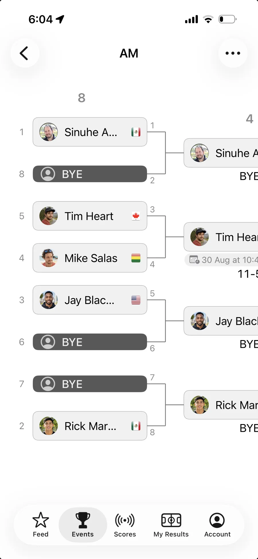 An eight-player draw in the AirScoreboard app, seeds down the left and each winner carried into the next round.