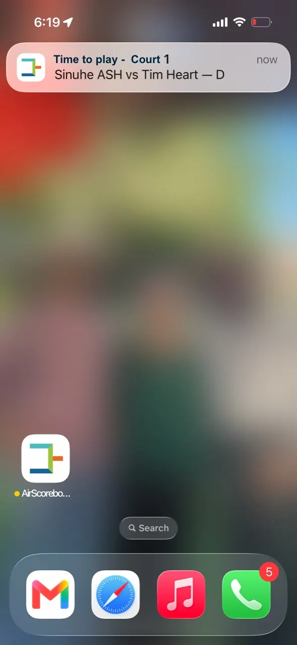 The same match arriving as a push notification: “Time to play - Court 1”.
