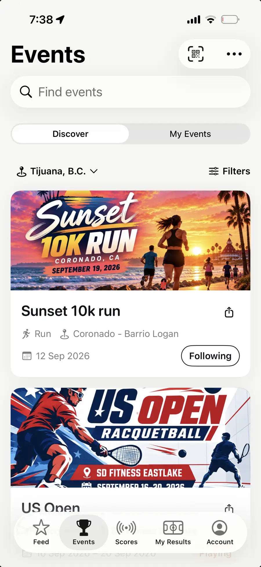 The Events tab in the AirScoreboard app, Discover filtered to a city, with a 10K run and a racquetball open listed by cover image, sport, venue and date.