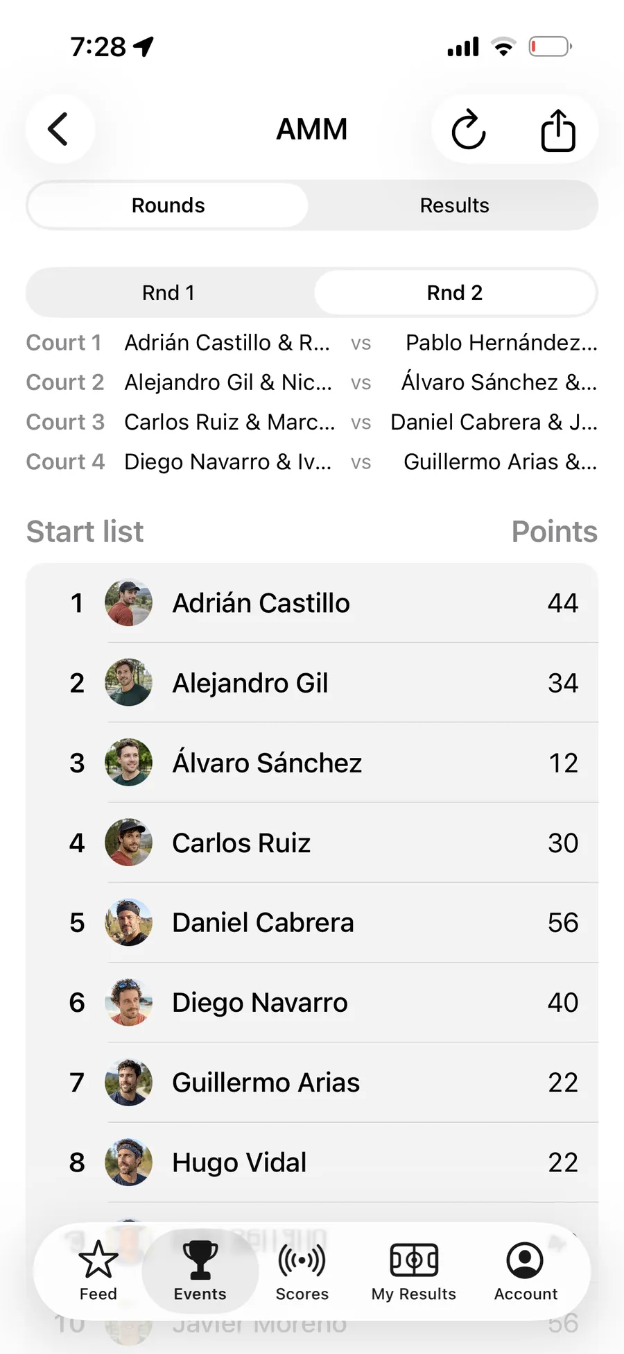 An Americano in the AirScoreboard app — round two's court assignments above the running points list.