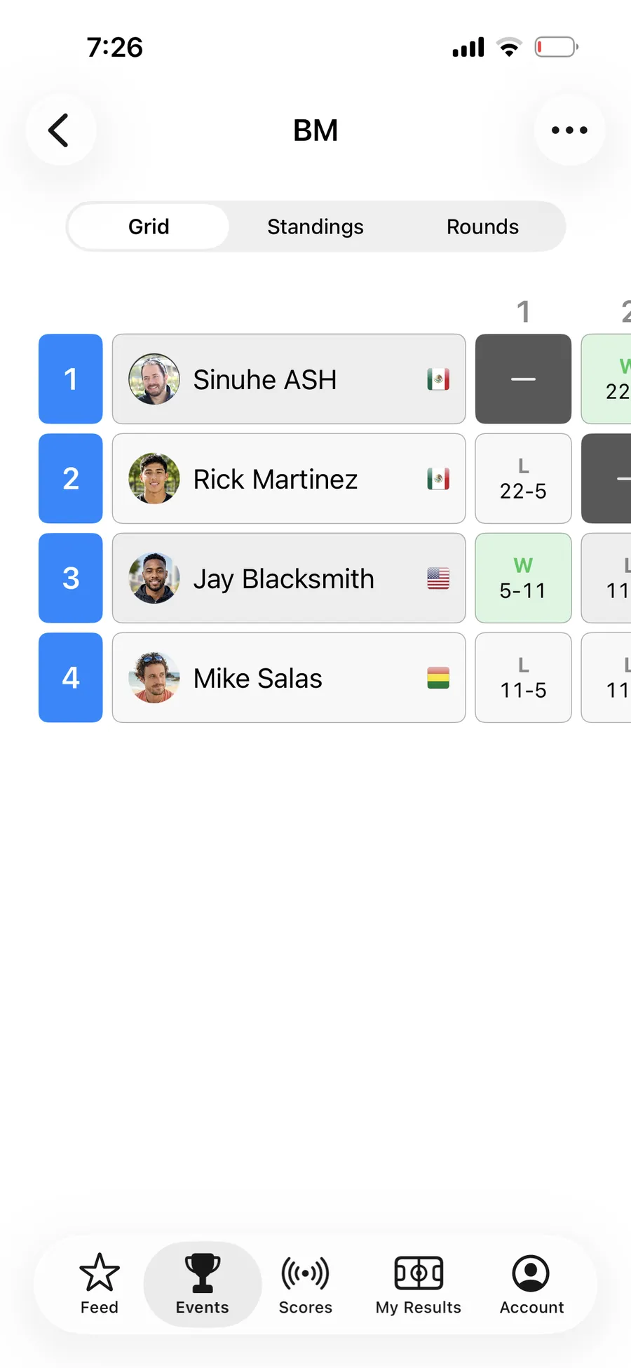 A round-robin grid in the AirScoreboard app, every pairing's score in a table with Grid, Standings and Rounds tabs.