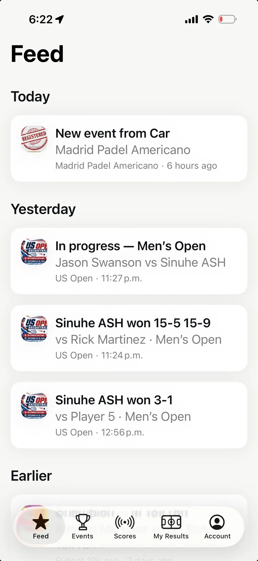The Feed in the AirScoreboard app, grouped into Today, Yesterday and Earlier — new events, matches going live and results.