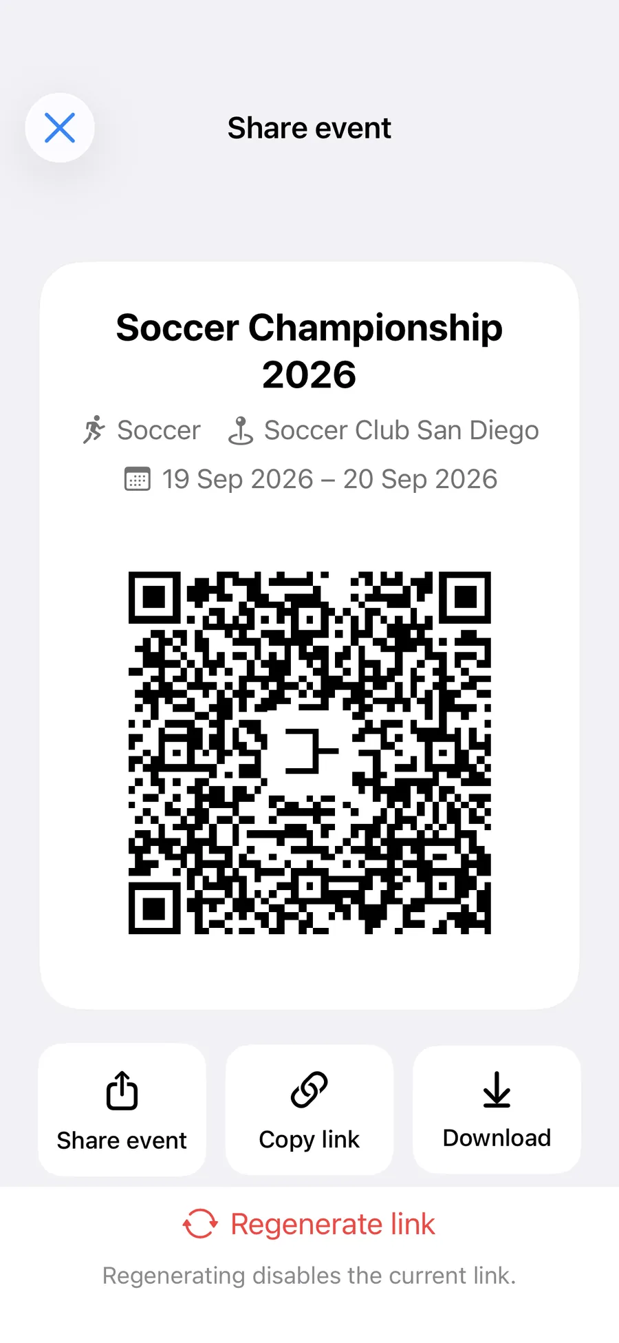 The AirScoreboard app's share sheet for an event — its name, sport, venue and dates above a QR code a player scans to open it.