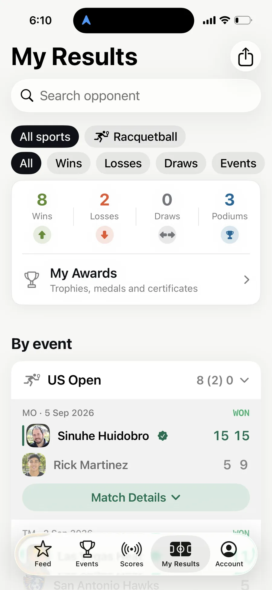 The My Results screen in the AirScoreboard app — wins, losses, draws and podiums, with results grouped by event.