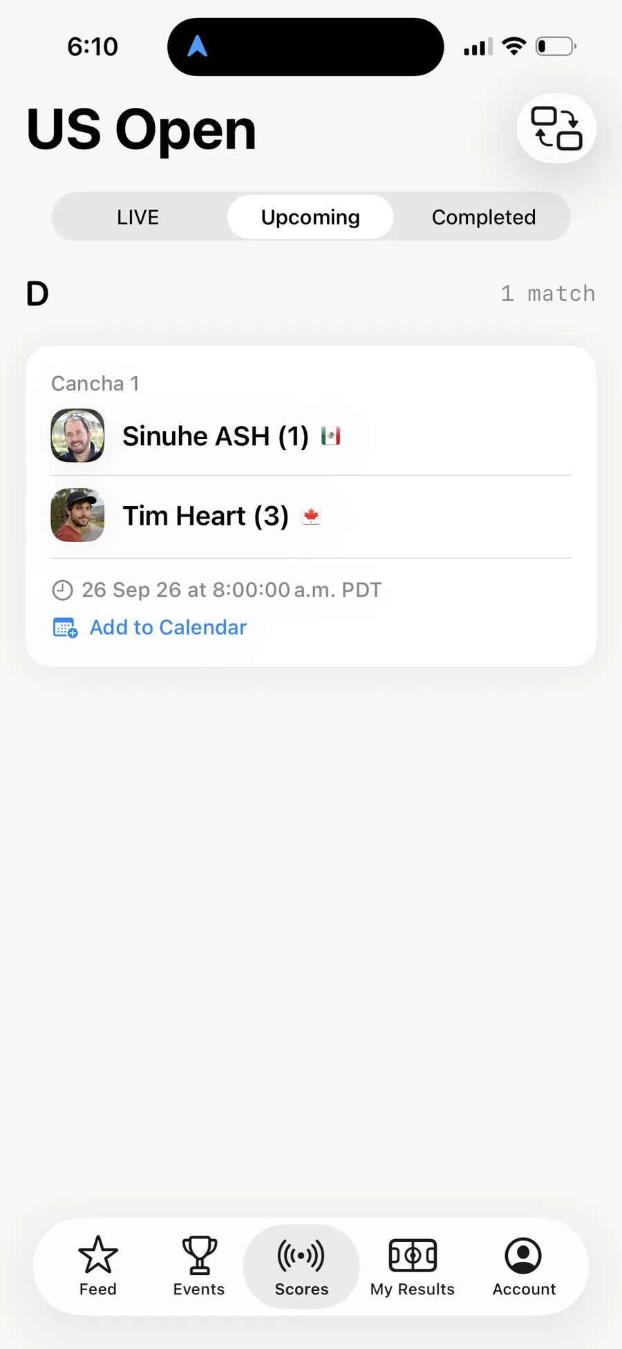 The Scores tab in the AirScoreboard app showing an upcoming match — court, both players and the start time, with Add to Calendar.