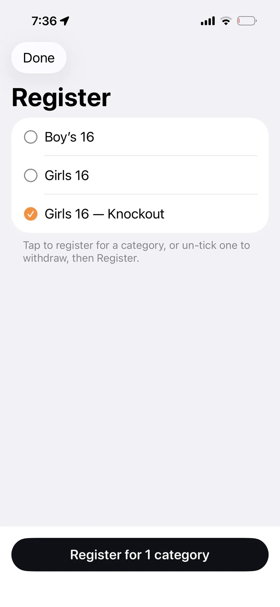 The Register sheet in the AirScoreboard app, three categories listed with one ticked and a Register button below.
