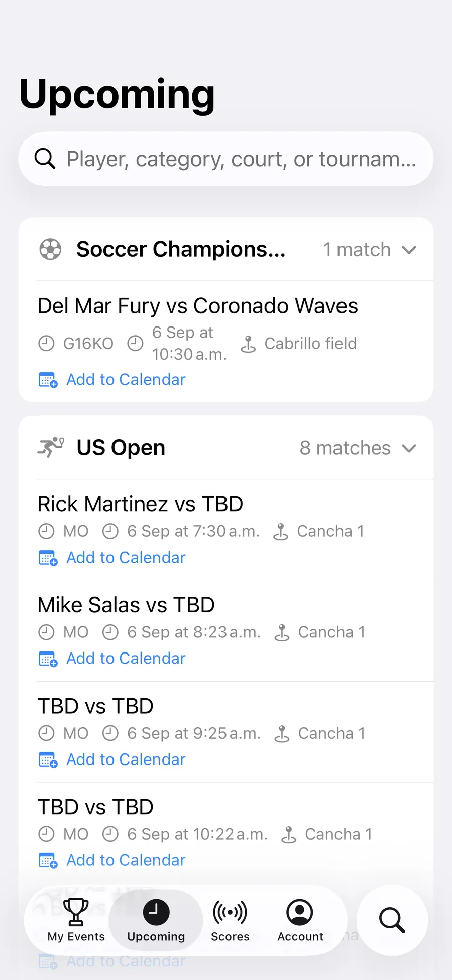 The Upcoming screen in the AirScoreboard app, showing a club fixture and a run of singles matches with their courts and times.